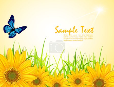 Fond vectoriel avec tournesols jaunes, herbe verte et beurre 
