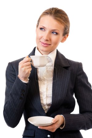 Femme d'affaires avec café, isolée sur blanc 